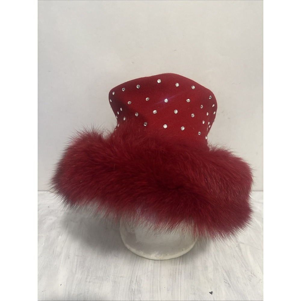 Brenda Waites Bolling Red Wool Dress Hat Rhinestone Fur Trim Formal Mens